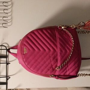 Women's Hot Pink Quilted Backpack Purse Tote With Gold Chain Zipper Hardware